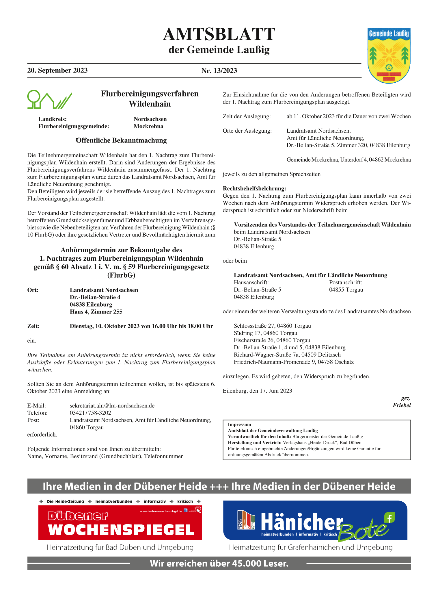Amtsblatt Nr. 13/2023 vom 20.09.2023