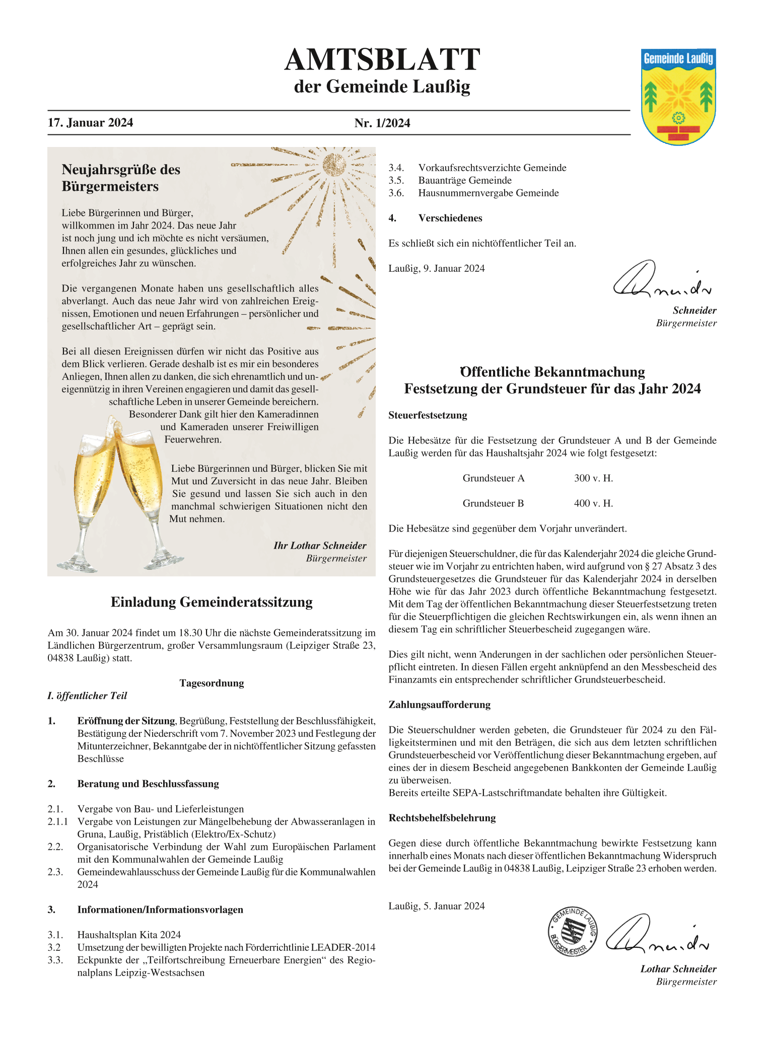 Amtsblatt Nr. 01/2024 vom 17.01.2024 Seite 1