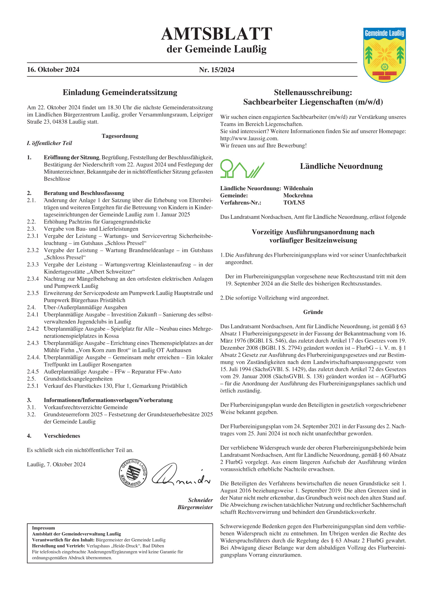 Amtsblatt Nr. 15/2024 vom 16.10.2024 Seite 1