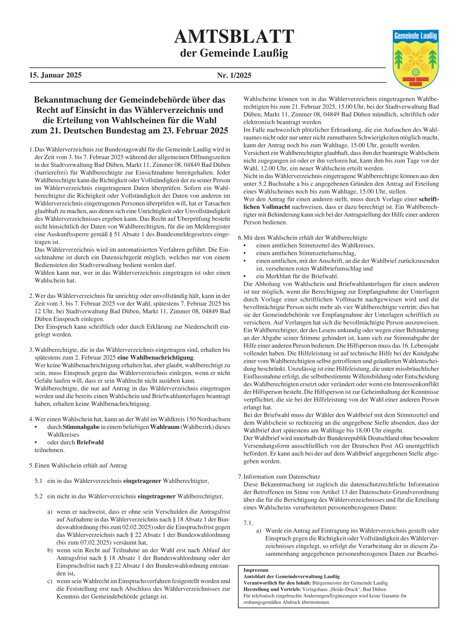 Amtsblatt Nr. 01/2025 vom 15.01.2025 Seite 1