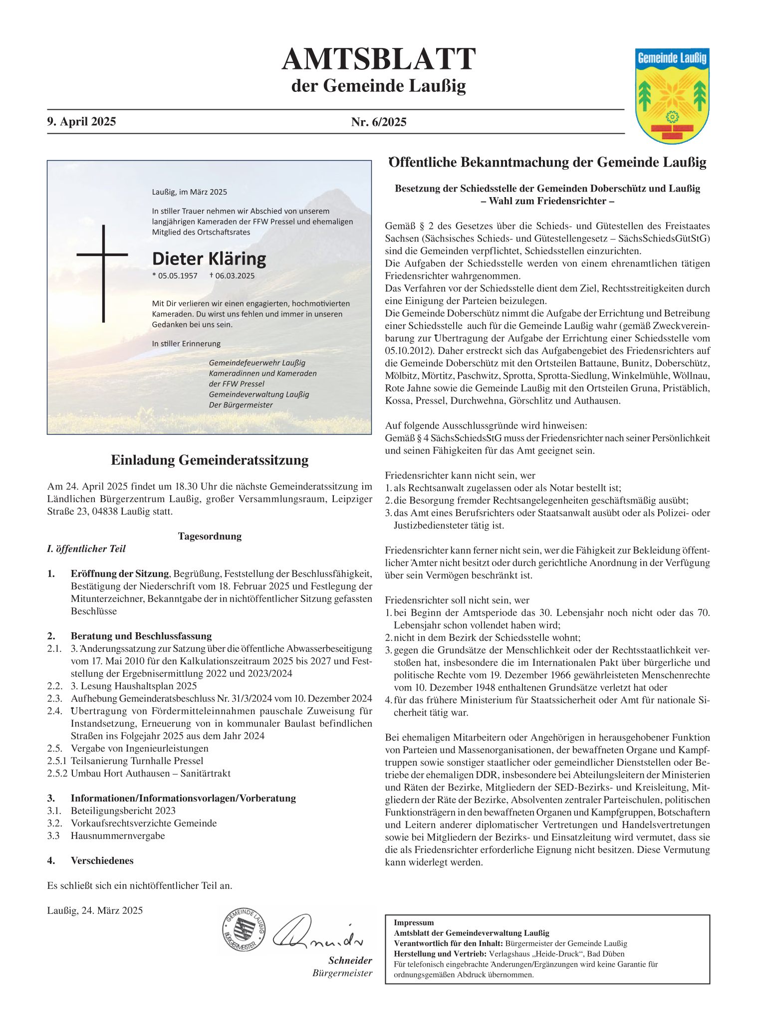 Amtsblatt Nr. 06/2025 vom 09.04.2025 Seite 1