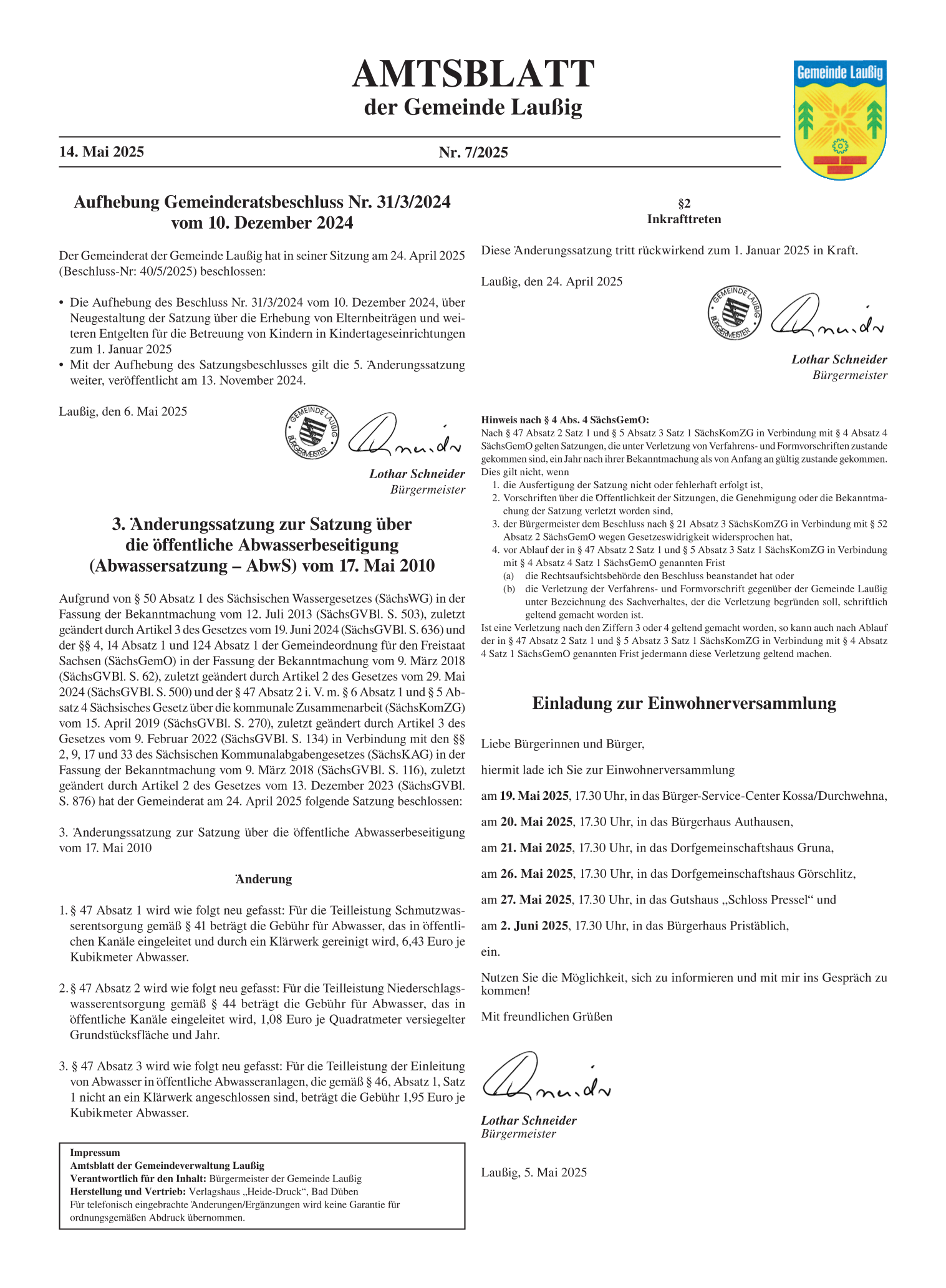 Amtsblatt Nr. 07/2025 vom 14.05.2025 Seite 1