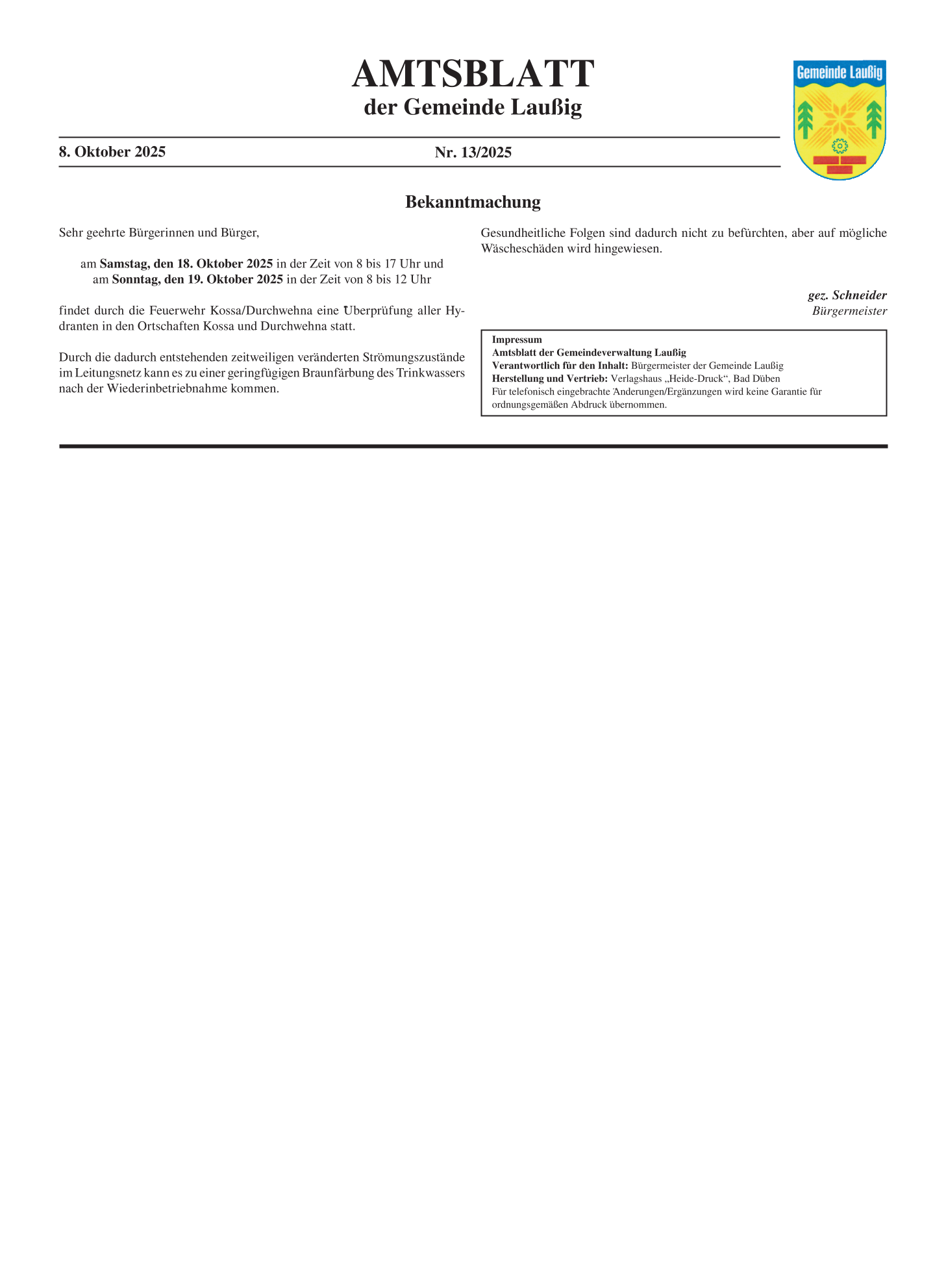 Amtsblatt Nr. 13/2025 vom 08.10.2025 Seite 1