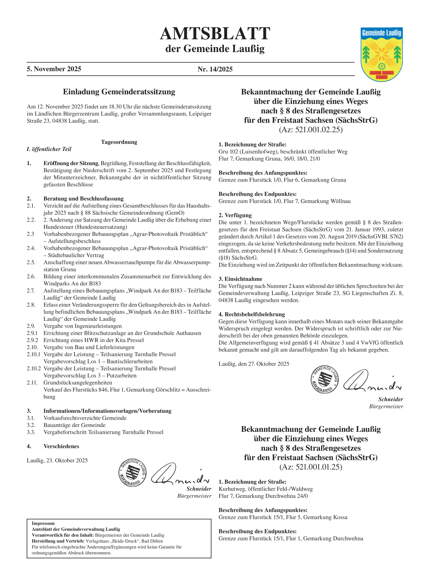 Amtsblatt Nr. 14/2025 vom 05.11.2025 Seite 1