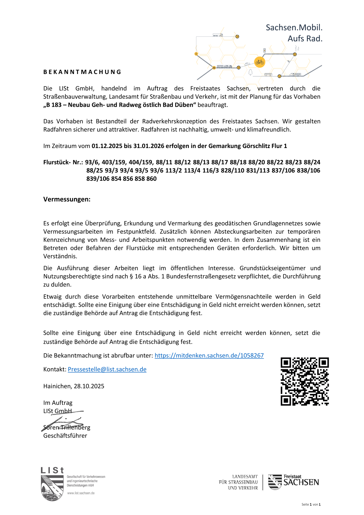 B 183 – Neubau Geh- und Radweg östlich Bad Düben